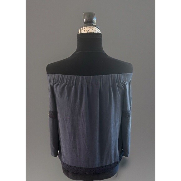 ECRU Silk Off The Shoulder Blouse Crochet Lace Hem Lined Dark Blue Sz XS Luxury - Picture 3 of 10